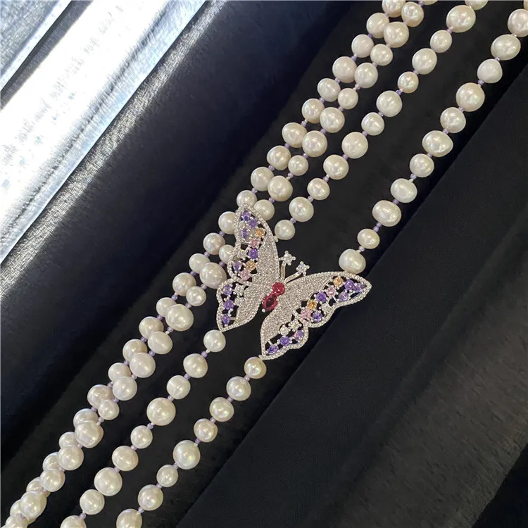 30-32'' 2 Strands White Round Pearl Purple Butterfly CZ Connector Long Necklace