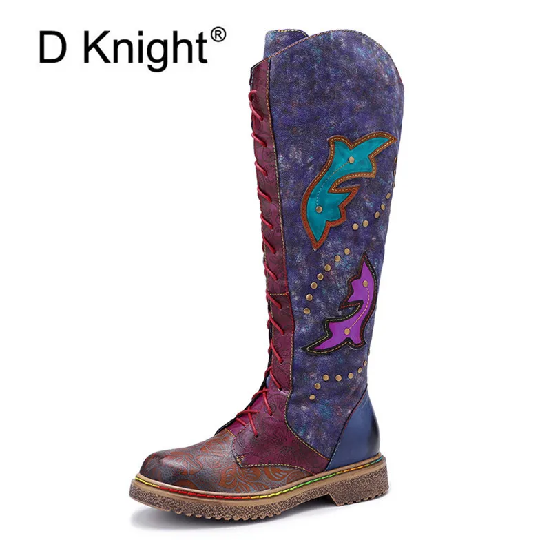 

Original Leisure Knee-High Motorcycle Boots Shoes For Woman Neutral Flower Lace-Up/ Zipper Handmade Genuine Leather Women Boots