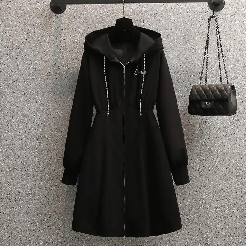 

Women Spring Black Midi Dress Vintage Hooded Long Sleeve Party Dress Elegant Plus Size A Line Dress Female Hight Waist Vesidos