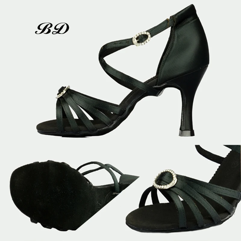TOP Latin Dance shoes Women Cowhid Soft Sole Dance Heel Cover Bag  BD 290 Double Diamond Buckle BLACK SATIN 7.5 CM HEEL SALSA
