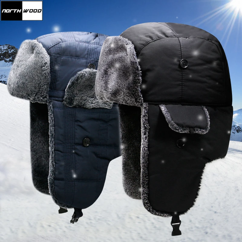 

[NORTHWOOD] Winter Bomber Hat Plush Pilot Aviator Cap With Ear Flap Gorra Hombre Windproof Plus Thick Velvet Bomber Caps Men's