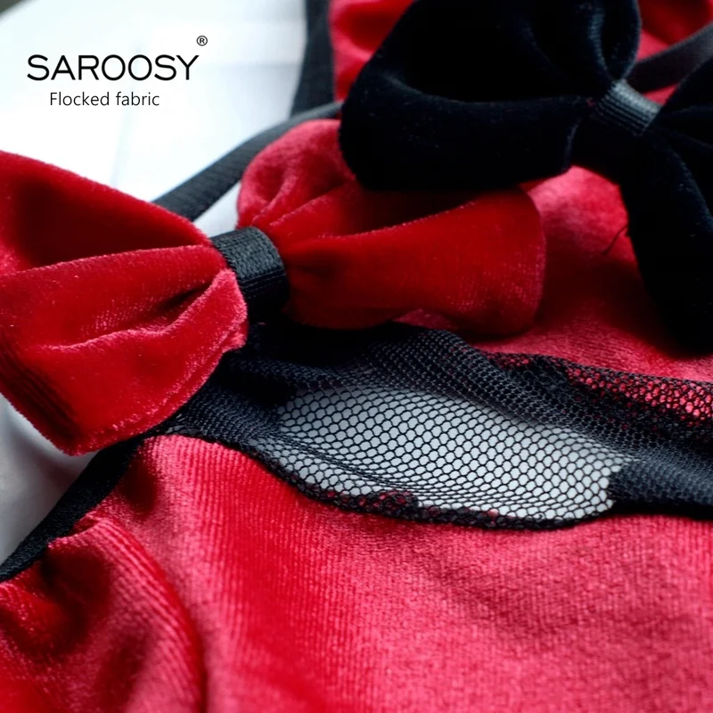 SAROOSY, сексуальное женское нижнее белье, эротическое боди для женщин, флокированное волокно с сердечками, ажурный лоскутный комбинезон, в комплекте, подвязки, ночное белье