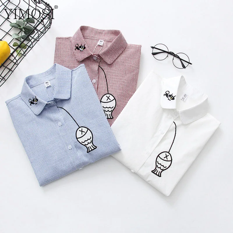 

2019 Spring Autumn Women Cartoon Print Blouse Shirt Lady Office Striped Tops Casual Long Sleeve Turn-Down Collar White Shirt
