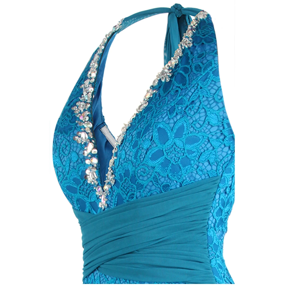 Angel-fashions женское элегантное вечернее платье Русалка с v-образным вырезом, украшенное бисером, плиссированное, кружевное платье макси, светильник, синий J-191001-S