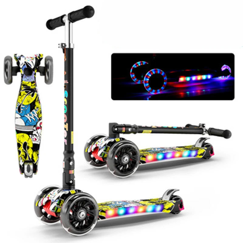 Children's kick scooter baby kids PU 3-wheel LED outdoor sports folding fitness height-adjustable scooter