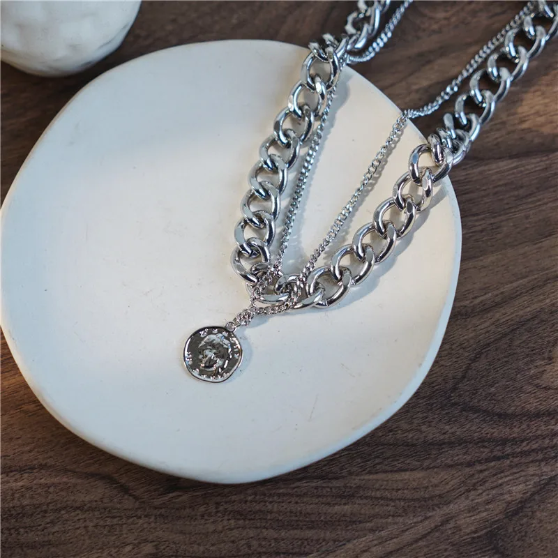 AOMU Корея панк винтажная толстая цепь ожерелье для женщин крутая цепь ключицы для девочек круглый магнит для монет ожерелье ювелирные изделия