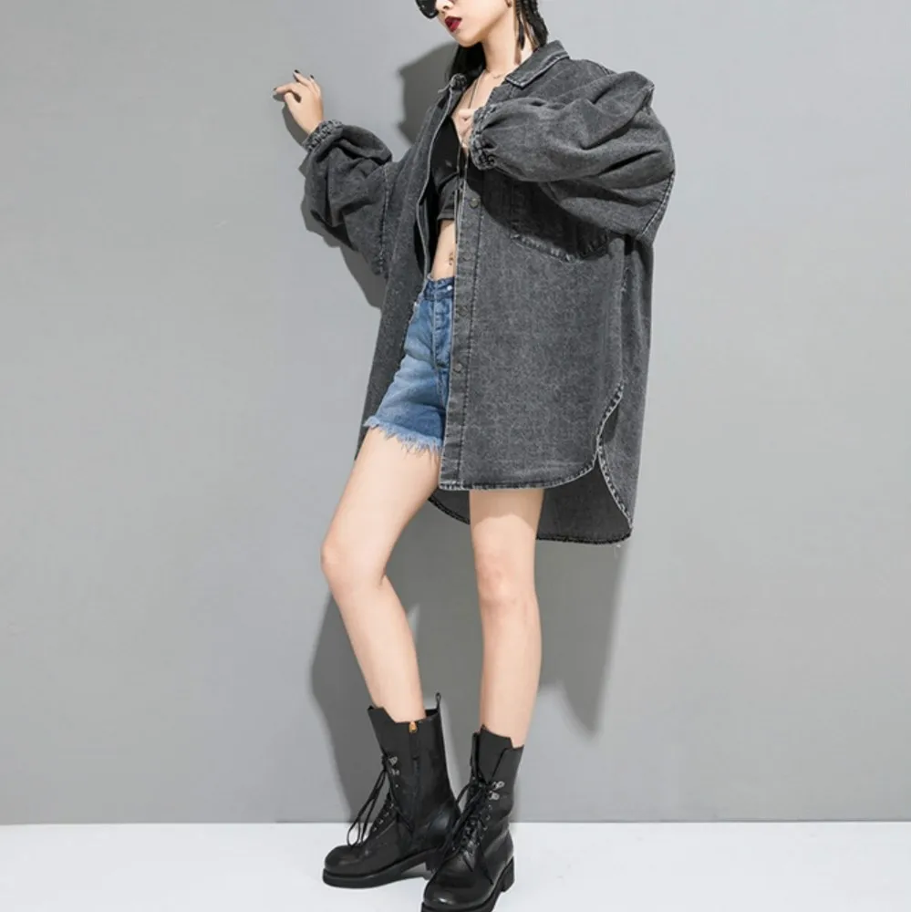 

Women Fall Button Patchwork Denim Jacket Long Sleeve Turn-Down Collar Casual Jackets Spliced Pockets Long Asymmetric Coats