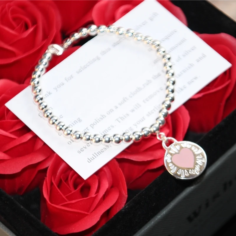 SHINETUNG 1:1, настоящее Серебро S925, браслет из бисера, розовый, в форме сердца, округлый кулон, браслет для женщин, высококачественные ювелирные изделия