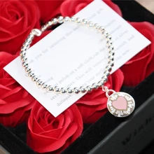 SHINETUNG 1:1, настоящее Серебро S925, браслет из бисера, розовый, в форме сердца, округлый кулон, браслет для женщин, высококачественные ювелирные изделия