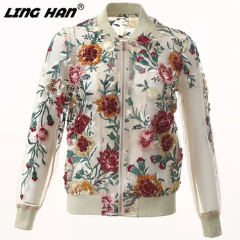 

LINGHAN Designer High-end Autumn Women Luxury Flower Embroidery Applique Crystals Mesh Jacket Gorgeous Lady Short Coat