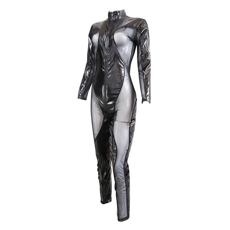 Сексуальный женский сетчатый комбинезон из искусственной кожи, Облегающий комбинезон с длинными рукавами, прозрачный топ, Комбинезоны для ночного клуба, вечерние костюм фетиш