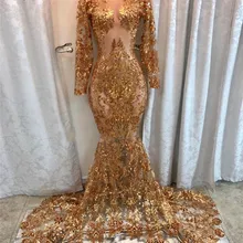 Выпускные платья с высоким горлом золотого цвета с длинными рукавами; Пышное Платье; вечерние платья