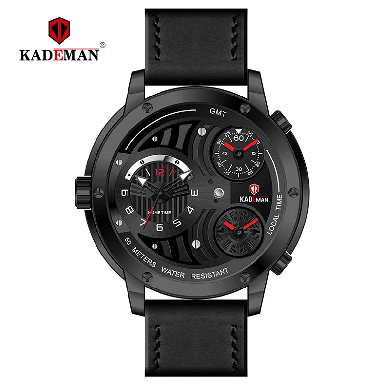 KD696-BREB KADEMAN, мужские часы с большим циферблатом, 3 часовых пояса, уникальные, повседневные, деловые, Роскошные, брендовые, водонепроницаемые, кожаные, Relogio Masculino - Цвет: KD696-BREB