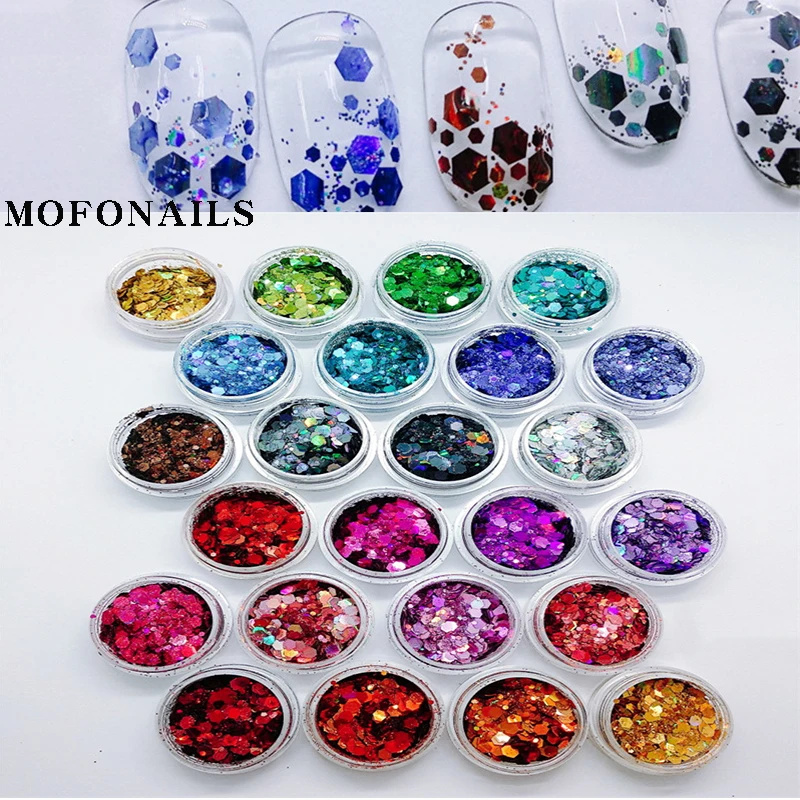 

24 Box/Set Laser Nail Flake Glitter Sequins Mix-Size Holographic Glitter Flakes 24 Colors Shining Glitter Flake Powder Decoratio