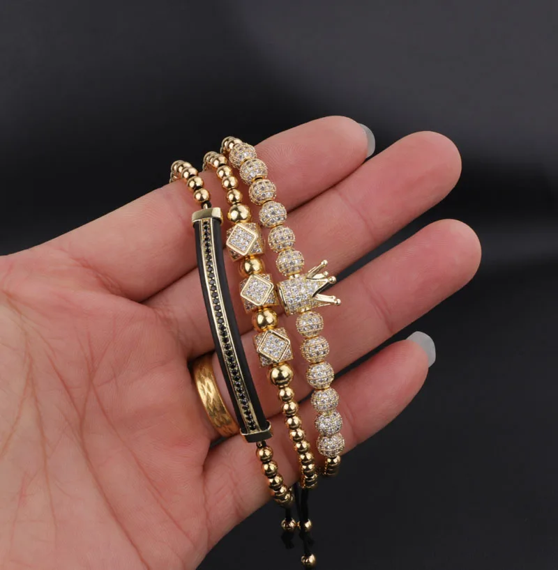 Luxury CZ Micro Pave Ball Crown Bracelets Men Women Braided Beaded Adjustable Bracelet Set - Image 5