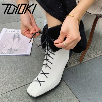 

Tuyoki Genuine Leather Women Ankle Boots Fashion High Heel Winter Shoes Woman Short Boots Warm Office Lady Footwear Size 34-40