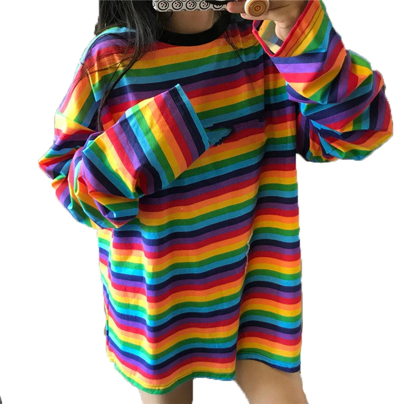 

2019 Spring Fall Oversize Women Tshirts Long Candy Streetwear Casual Striped T-shirt Harajuku Patchwork Tops Long Sleeve