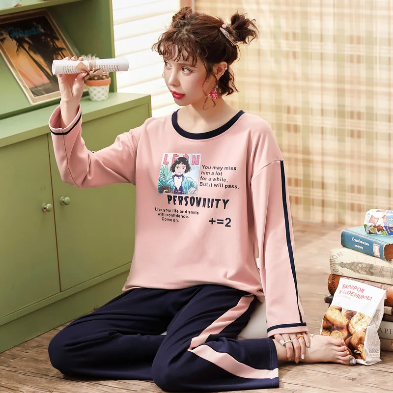 Pajamas Women's Autumn Pure Cotton Women's Crew Neck Women's Casual Nursing Home Wear Two-Piece Set