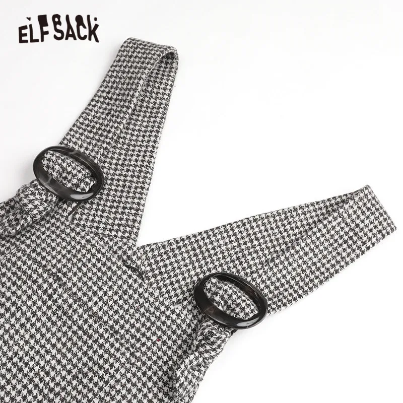 ELFSACK, серое клетчатое платье с карманами, женское платье, зима, новая мода, твид, без рукавов, для офиса, для девушек, повседневные платья