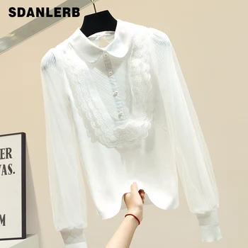 

Autumn Sweater Women's Sweaters New Lace Panel Collared Knit Shirt Loose-Fit Outfit Top Femme Jumper Basic Tops