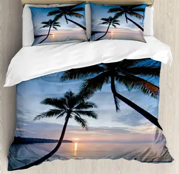 

Tropical Duvet Cover Set Sunset Over Ocean Calm Exotic Beach in Kut Island Thailand Summertime Decorative 3 Piece Bedding Set