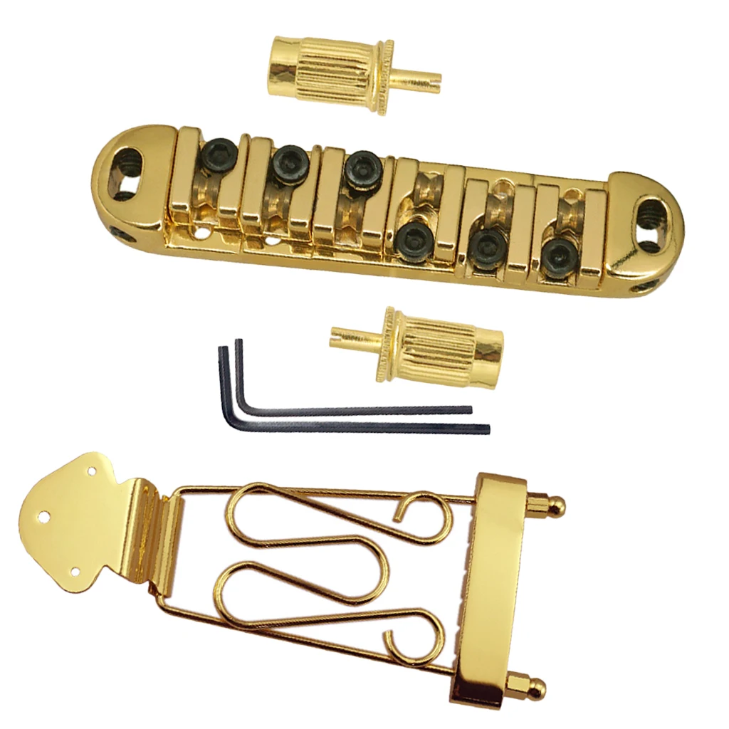 1 Pack Zinc Alloy Jazz Guitar String Tailpiece with Roller Saddle Bridge Golden/Black Saddle, Gold