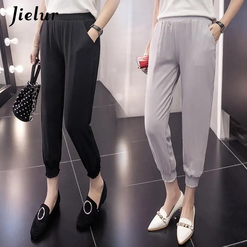 Jielur Chiffon Pants Summer Female Leisure Soft Trousers Women Solid Color Casual Loose Thin Cropped Harem Pants Bohemian Mujer