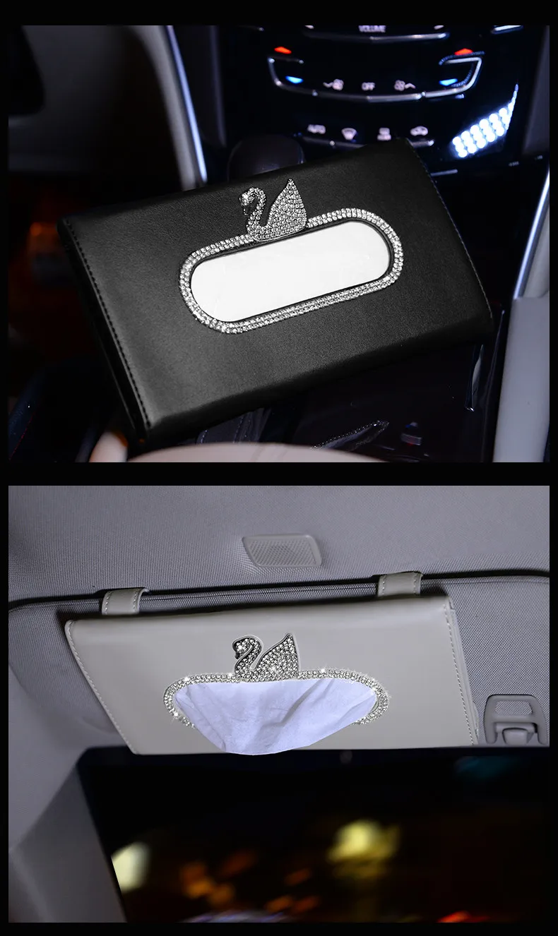Crystal Car Sun Visor Tissue Box Leather Tissue Bag With Swan Diamond Sunvisor Hanging Holder Napkin Case Interior Accessories