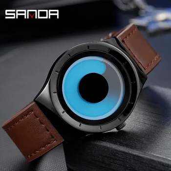 

SANDA Fashion Trend Leather Watch For Men Personality Swirl Contrast Color Gradient Dial Quartz Wristwatch Mens Sport Cool Clock