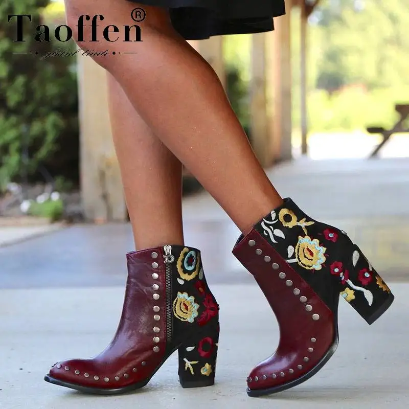 

Taoffen 2020 New Arrival Retro Ankle Boots Women Fashion Daily Work Flats Flower Mixed Color Footwear Size 36-41