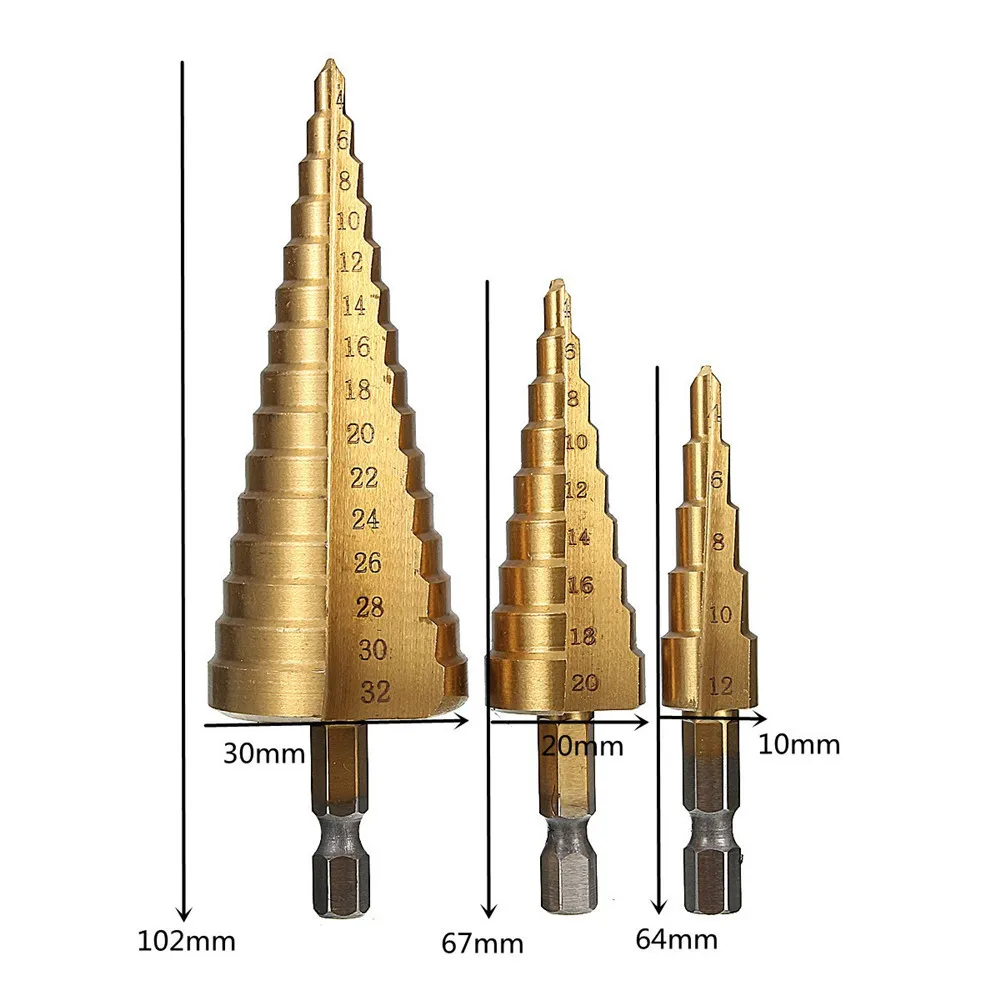 3pcs 4-12/20/32mm HSS Titanium Step Cone Drill Bit Hex Shank Hole Cutter