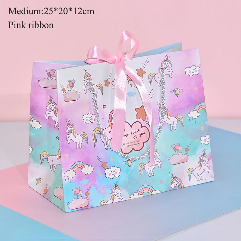 M Pink Ribbon Розовая, синяя лента, единорог, посылка, бумажные сумки, единорог, вечерние, для детей, подарок на день рождения, сувенир, упаковка, сумки, поставки - Цвет: M Pink Ribbon