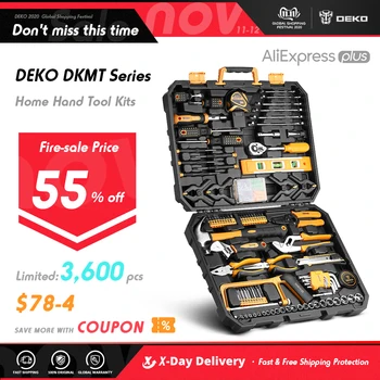 DEKO Hand Tool Set General Household Repair Hand Tool Kit with Plastic Toolbox Storage Case Socket Wrench Screwdriver Knife