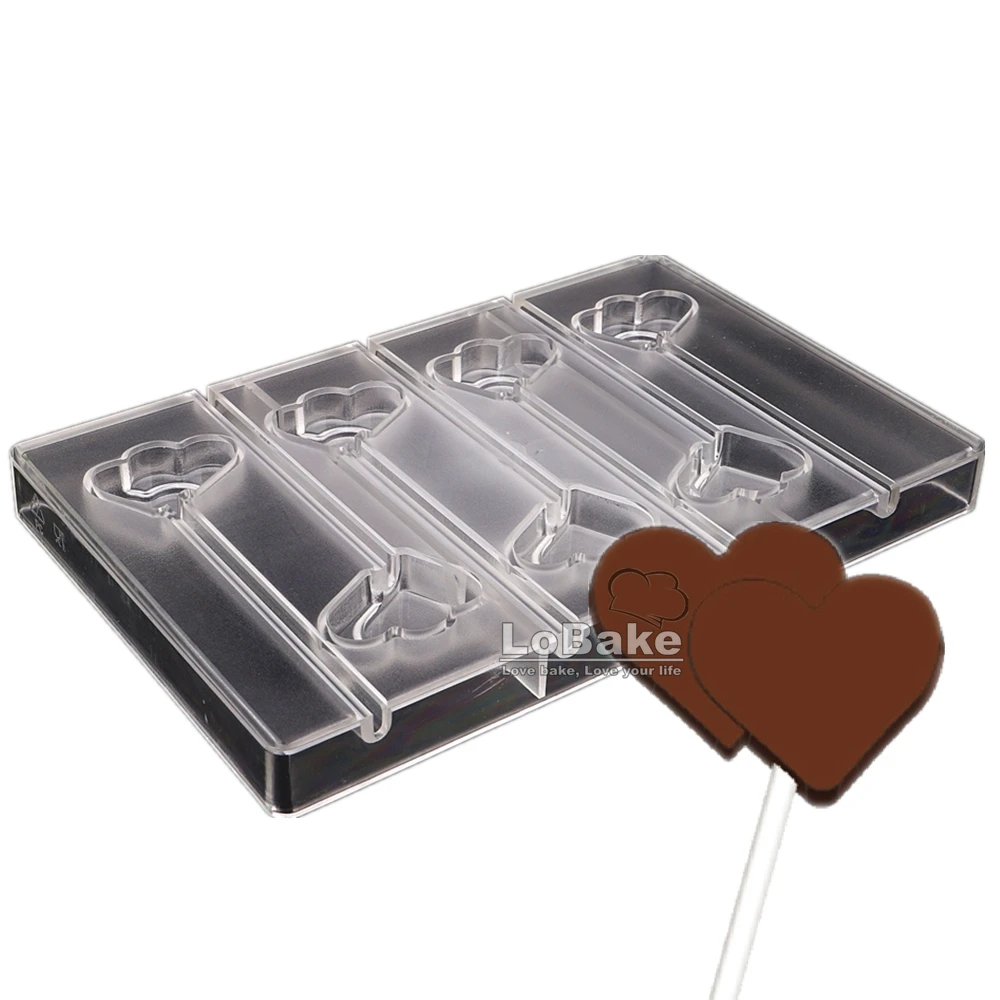 

7 cavities double heart with sitck shape polycarbonate PC chocolate mold lollipop popsicle mould candy molds tools DIY bakery