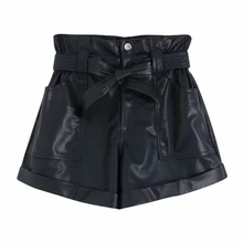 Твердые Для женщин патч Карманный, из искусственной кожи шорты для активного отдыха осенние дамские пояса свободные шорты P1373