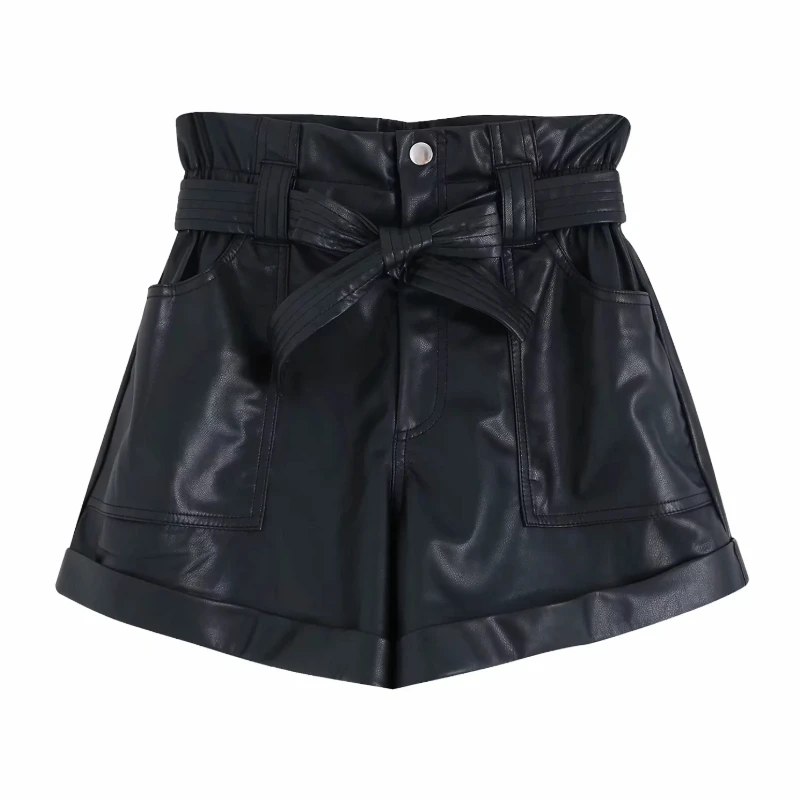 

Solid Women Patch Pocket PU Leather Leisure Shorts 2019 Autumn Lady Sashes Loose Shorts P1373