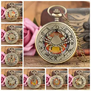 

Twelve Constellation Pendant Retro Zodiac Pattern Quartz Pocket Watch Modern Necklace Chain Best Birthday Clock Gift for Friend
