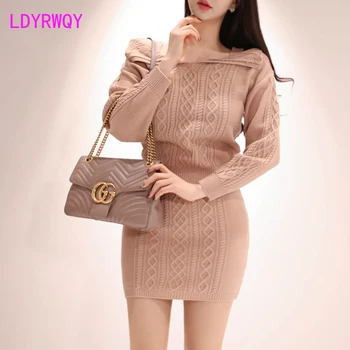 

2019 Korean version of the head sole Slim twisted knit top + high waist knitted wool skirt Knee-Length Drawstring Slash neck