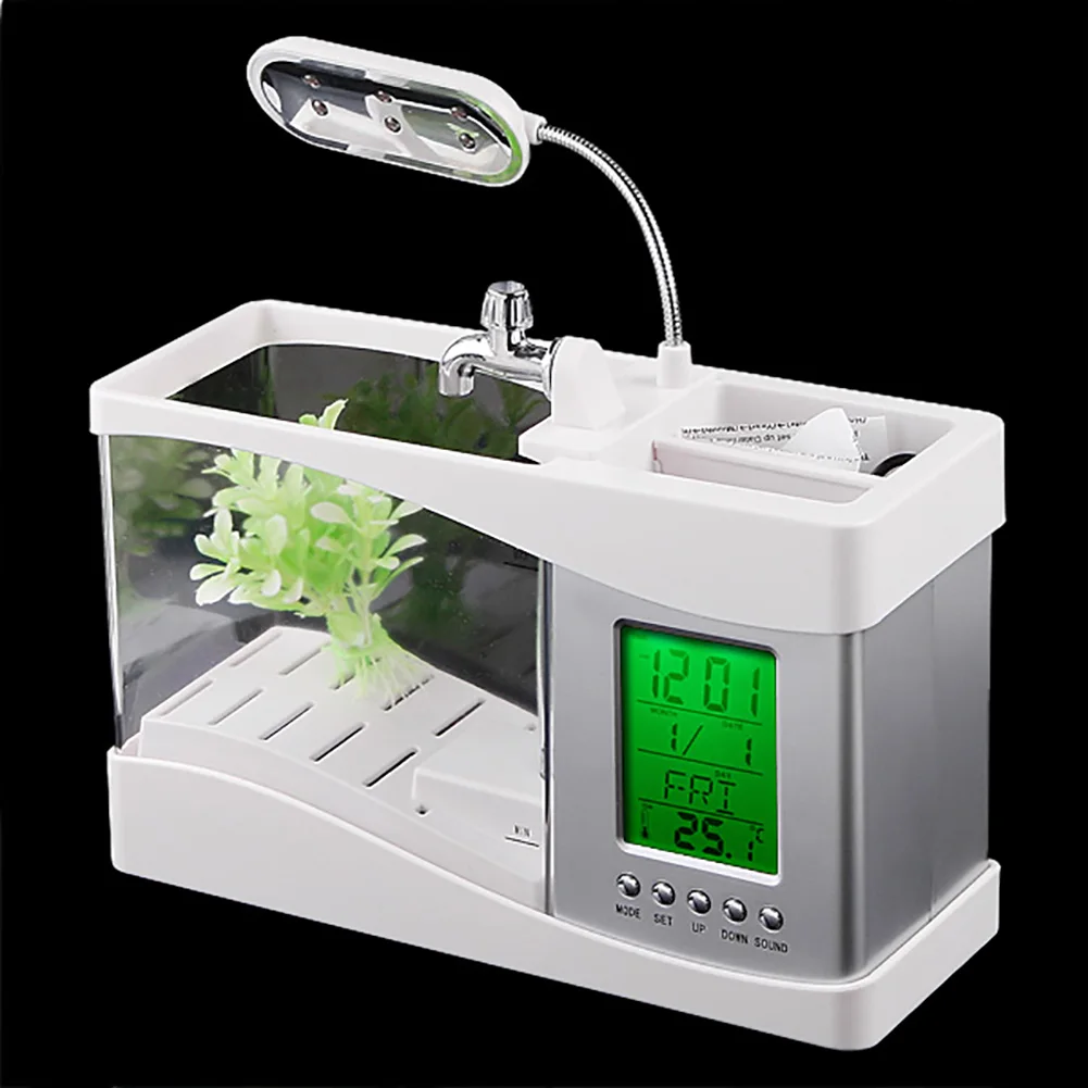 Mini USB Backlight LCD Desktop Lamp Light Fish Tank Aquarium with LED Clock Light Backlighting alarm clock calendar with Pebbles