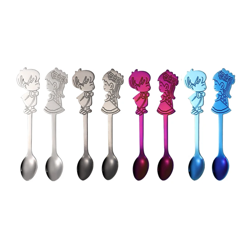 

8 Pcs / Set Romantic Couple Coffee Spoons Mini Colorful Tea Spoon Cutlery Silver Small Spoon Gold Cake Dessert Scoop for Party