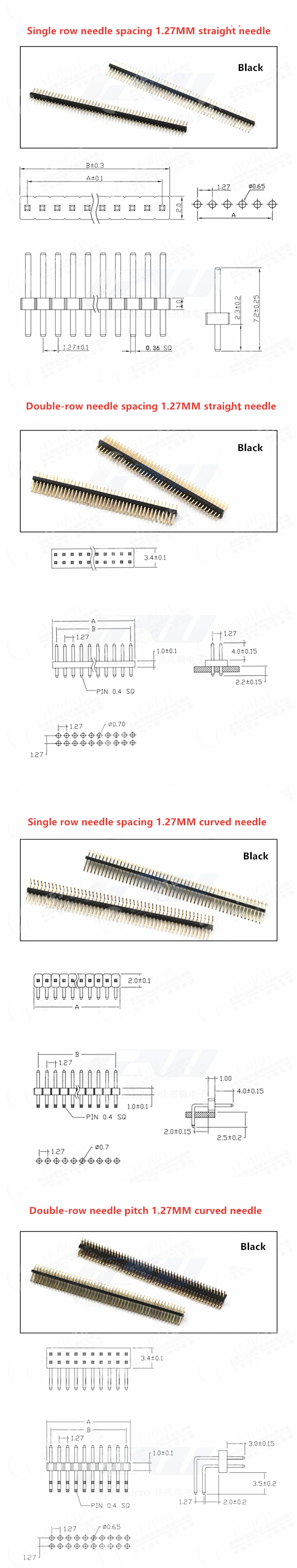 Pitch 1.27mm Female Pin Header (5pcs/lot): Single/Double Row, 1x40P 2x40P, Straight/Curved, Gold Plated Description Image.This Product Can Be Found With The Tag Names Female single row header pins, Pin female header connecto, Pin male header single row, Row straight female pin header