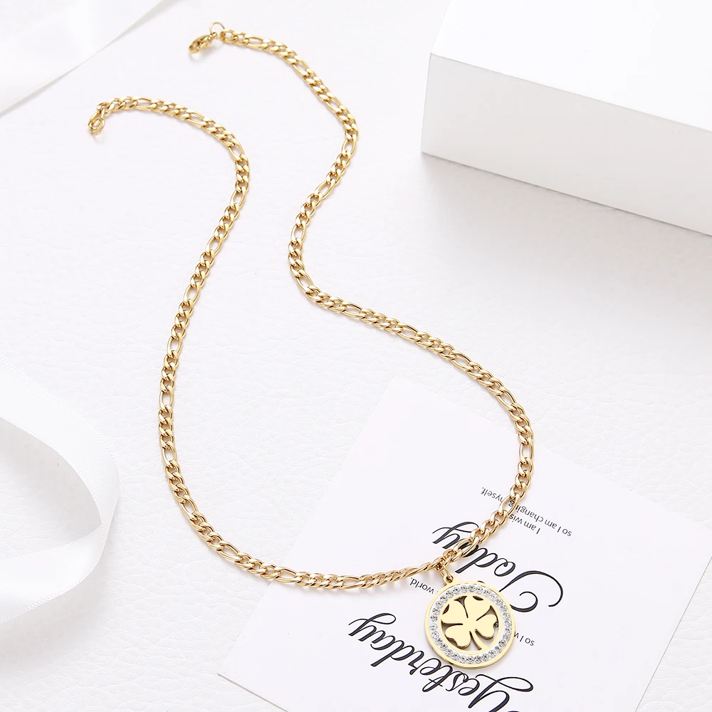 Crystal Round Clover Necklace For Women And Men Stainless Steel Cuban Chain Necklaces New Statement Wedding Gifts Jewelry S767
