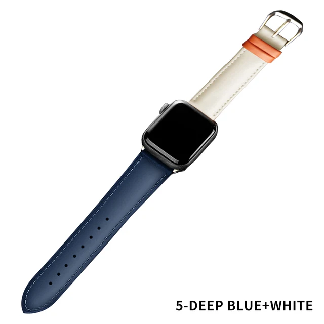 Real Leather Strap for Apple watch 76 se 44MM 40MM Business Band Watchband Bracelets Smart iWatch Series 543 42MM 38MM 45mm 41mm Blue with white