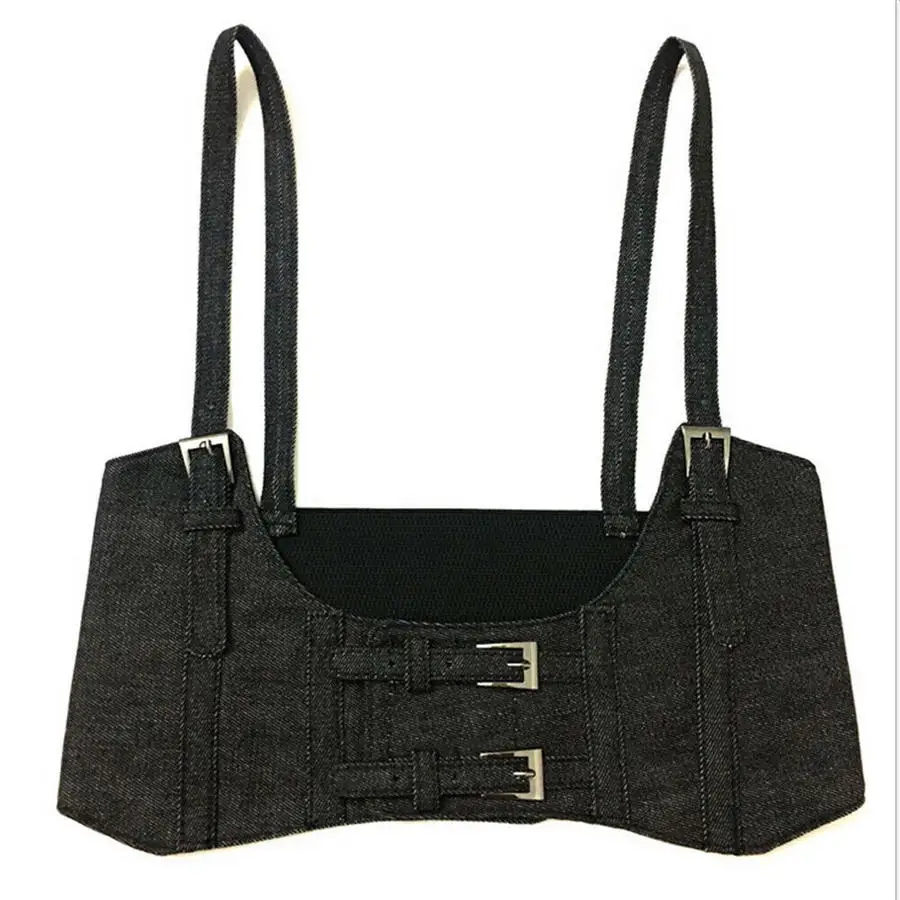 Denim Black Модный женский жилет из искусственной кожи или денима эластичный пояс корсет широкий пояс с пряжкой Высокая талия узкий пояс - Цвет: Denim Black