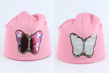 butterfly dark pink Для маленьких девочек Шапка Зимняя вязанная круглая Лыжная шапочка, с персонажами из мультфильмов для детей с блестками и бантиками зимние Кепки Детские теплые вязаные Стразы головные уборы Skullies Beanies - Цвет: butterfly dark pink