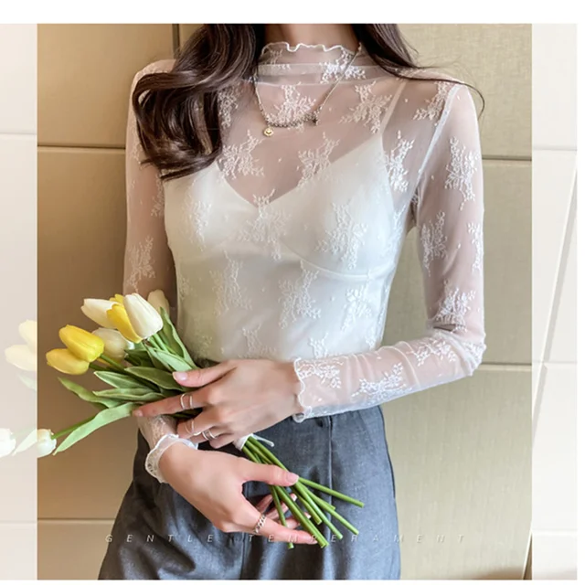 Korean Fashion Mesh Women Blouses Office Lady Shirt and Blouse Long Sleeve Floral Blusas Largas Loose Womens Sexy Tops white