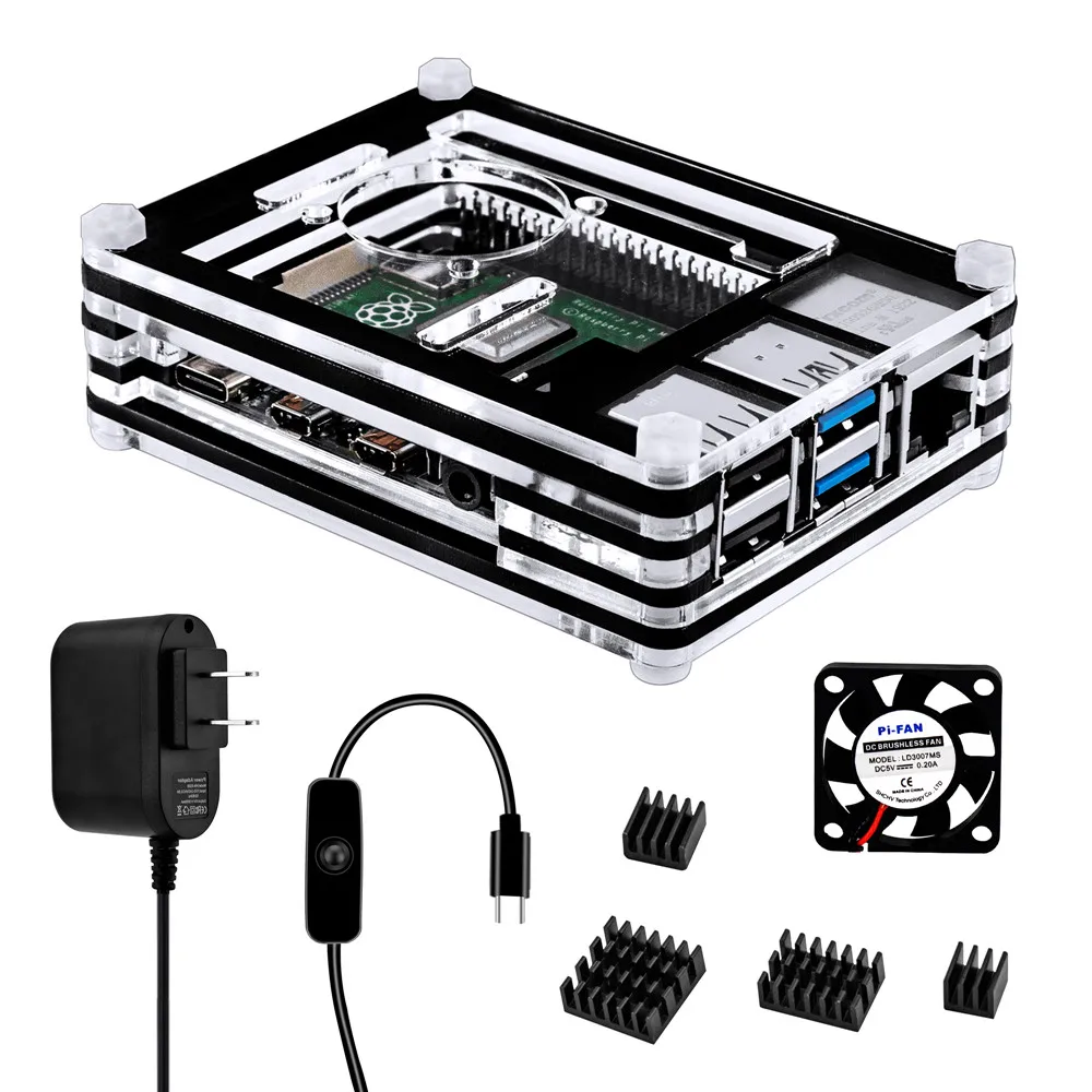 Для Raspberry Pi 4 9 слой акриловый чехол Raspberry Pi 4 чехол с вентилятором, 4 радиатора, 5 в 3 А источник питания с переключателем ВКЛ/ВЫКЛ