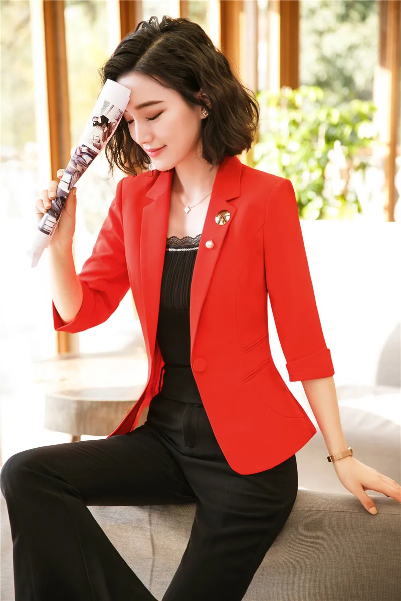 

Elegant Red 2019 Spring Fall Uniform Designs Pantsuits With Tops And Pants Women Work Wear Blazers & Jackets Sets