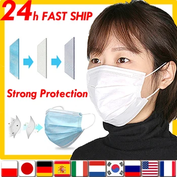 

100pcs FAST SHIPPING Face Masks Disposable Adult Mask 3 Layers Filter Earloops Masks Protection Anti Smoke Dust Mouth Face Mask