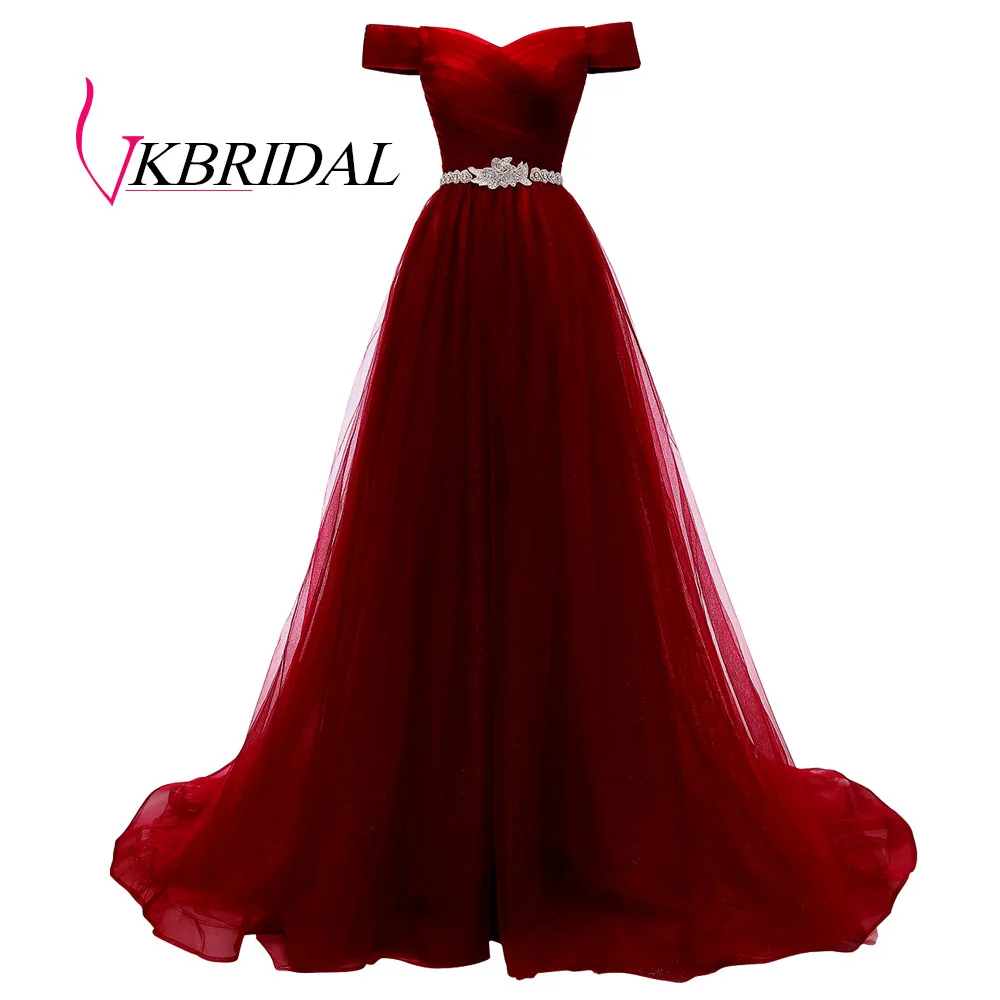 VKBRIDAL, Красное длинное вечернее платье с открытыми плечами и поясом, расшитое бисером, винтажные платья для выпускного вечера, vestido de festa, недорогое вечернее платье со шнуровкой на спине - Цвет: Бургундия